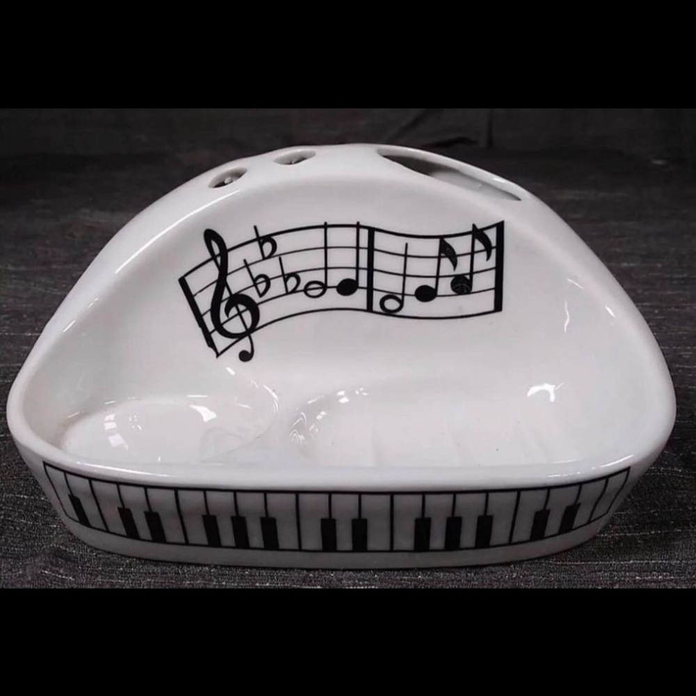 Toothbrush And Paste Holder Music Notes Piano Keys Ceramic Black White 7"